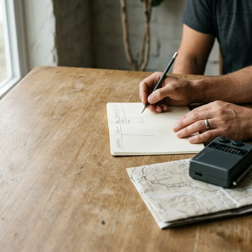 Anonymous hands reviewing a blank preparedness plan beside a radio and folded map