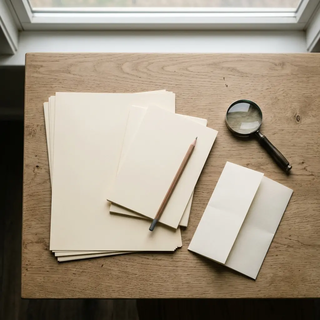Overhead desk with abstract blank document pages, neutral notes, pencil and magnifying glass