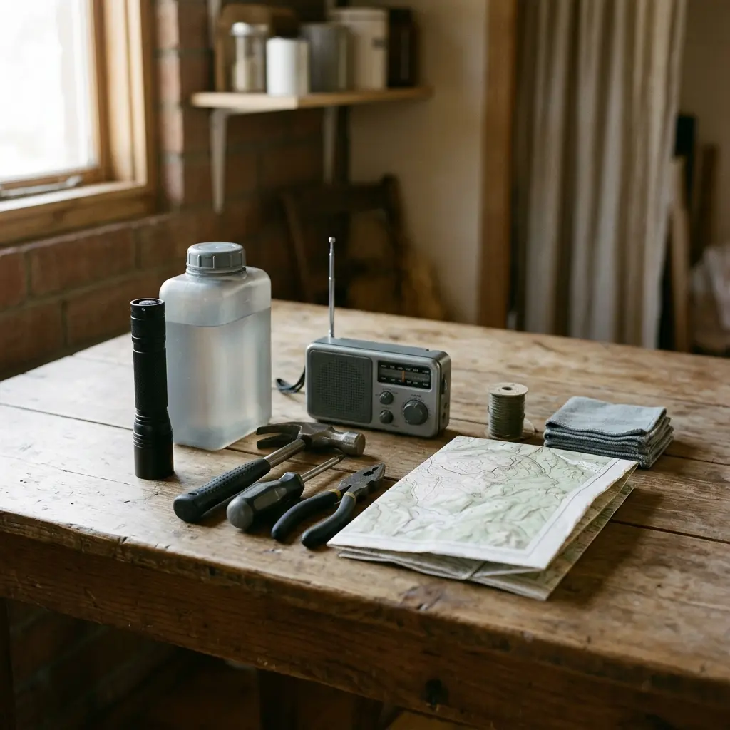 Illustrative modest household grouping of radio, flashlight, water container and basic tools