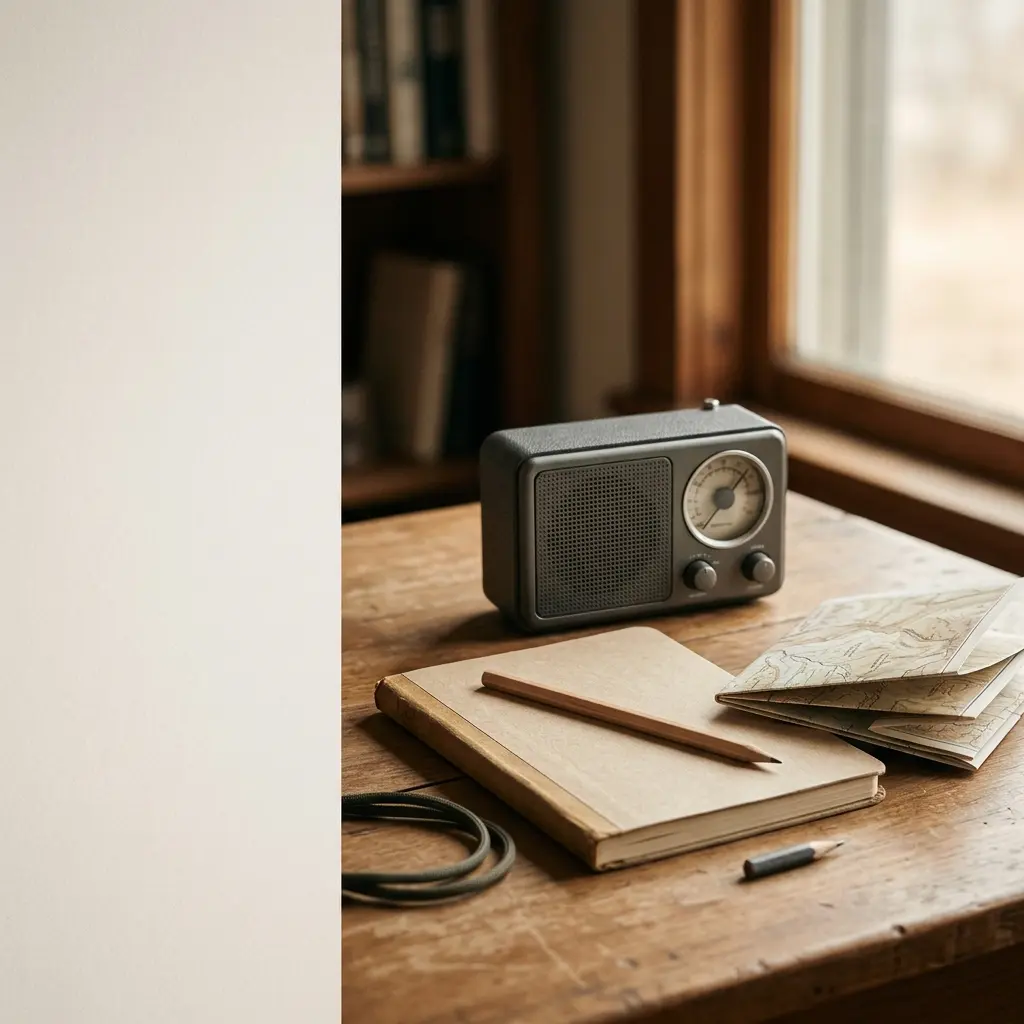 Unbranded radio beside a plain notebook, pencil and folded map