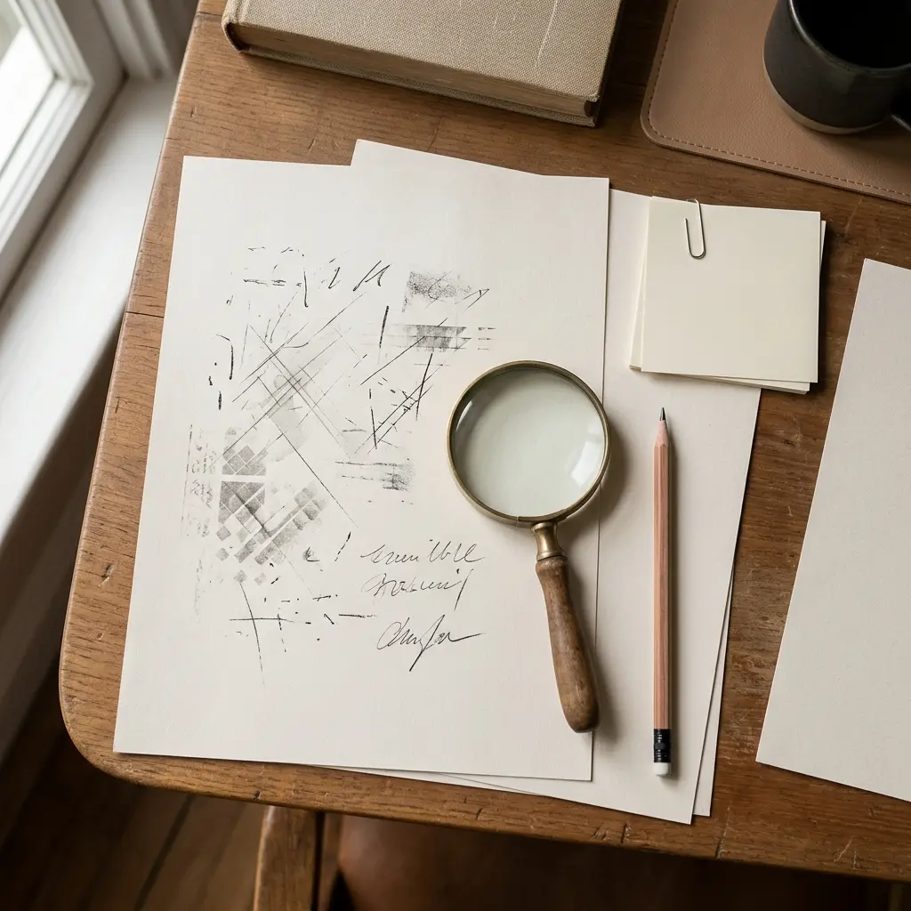 Overhead view of blank paper, pencil, neutral note slips and a simple magnifying glass