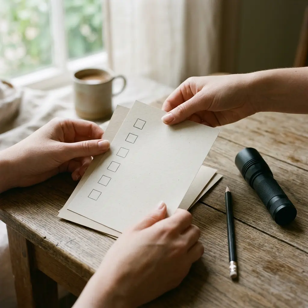 Anonymous hands arranging a blank checklist with pencil and flashlight