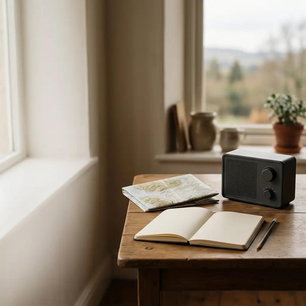 Blank notebook, pencil, folded map and unbranded radio on a calm planning table