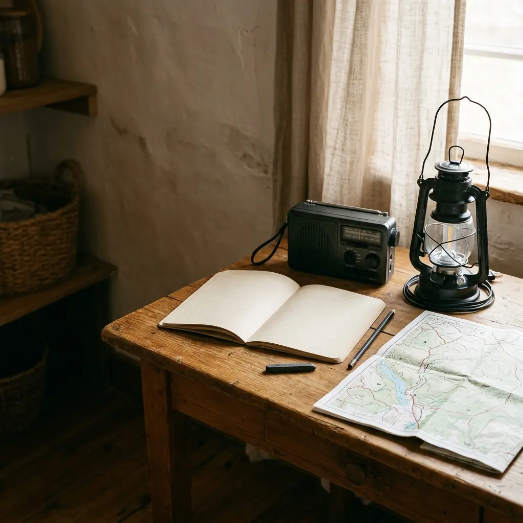 Blank notebook and household planning objects arranged on a tabletop